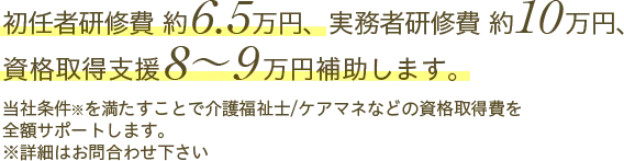 初任者研修費 約6.5万円、実務者研修費 約10万円、資格取得支援 8〜9万円程度補助します。当社条件※を満たすことで介護福祉士/ケアマネなどの資格取得費を全額サポートします。※詳細はお問合わせ下さい