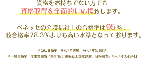 資格をお持ちでない方でも資格取得を全面的に応援致します。ベネッセの介護福祉士の合格率は97.2%！ 一般合格率82.8%よりも高い水準となっております。