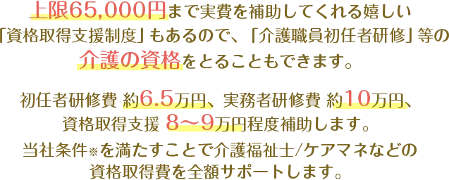上限65,000円まで実費を補助してくれる嬉しい「資格取得支援制度」もあるので、「介護職員初任者研修」等の介護の資格をとることもできます。初任者研修費　約6.5万円、実務者研修費 約10万円、資格取得支援　8〜9万円程度補助します。当社条件※を満たすことで介護福祉士/ケアマネなどの資格取得費を全額サポートします。