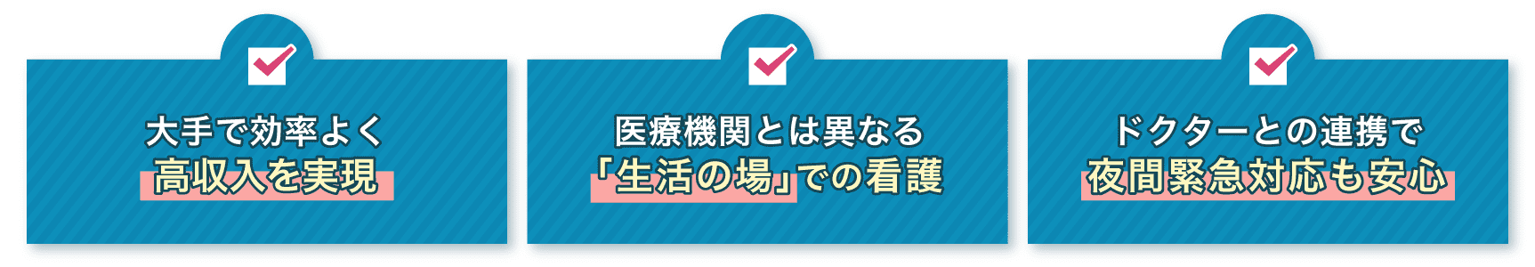 ・大手で効率よく高収入を実現・医療機関とは異なる「生活の場」での看護・ドクターとの連携で夜間緊急対応も安心