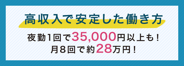 高収入で安定した働き方　夜勤1回で35,000円以上も！月8回で約28万円！